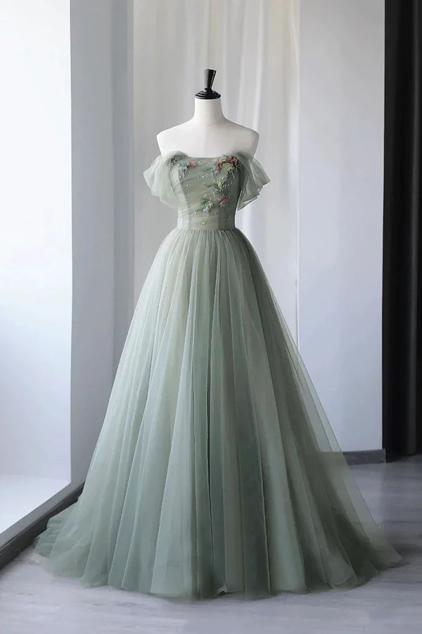 Wholesale Gray Green Tulle Long Prom Dress Lovely Off Shoulder A-Line Evening Dress